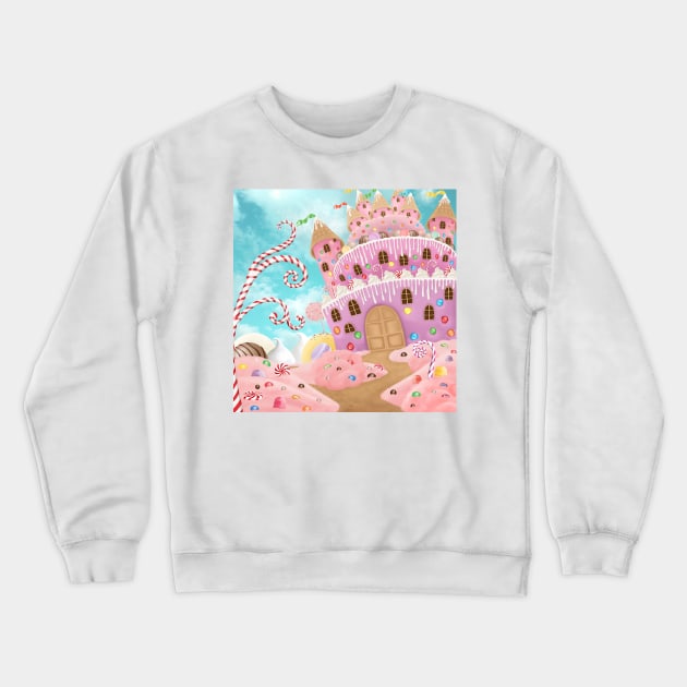 Magic cake and candy castle illustration. Fantasy sweets wonderworld background. Desserts dream landscape Crewneck Sweatshirt by likapix